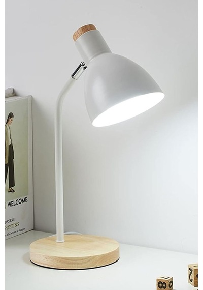 Usb Led Masa Lambası Beyaz Ahşap Tabanlı Modern Dekoratif, Şık Esnek Boyunlu Ofis Ve Çalışma Lambası Beyaz