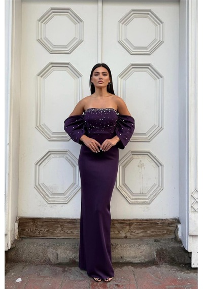 Lior Design Kadın İnce İşçilik Esnek Tül Kumaş Straplez Abiye Elbise Mor