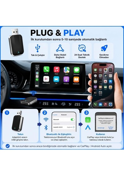 Tr Kablosuz Carplay Android Auto Adaptörü Mini 2'si 1 Arada Wireless Usb Dönüştürücü Type-c Otg Destekli Tak Ça