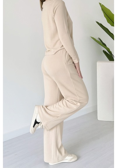 Balenbi Kadın Modal Kumaş Polo Yaka Uzun Kollu Takım 1126 Bej