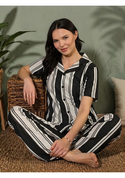 Kadın Kısa Kollu Desenli Pijama Takım Siyah