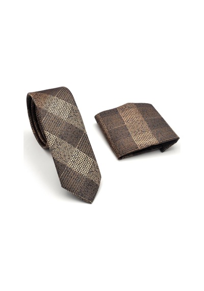 Gaffy Kahverengi Bej Verev Desenli Dokuma Kumaş Mendilli Slim Fit Kravat // SDK-240107 Kahverengi