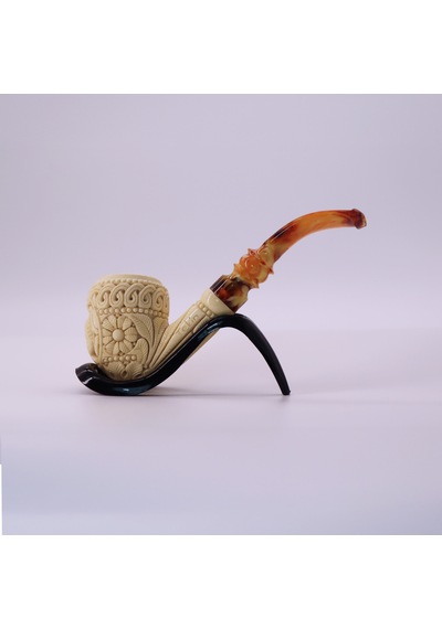 El Oyması Lületaşı Ejderha Ve Geleneksel Motifli Pipo İmzalı %100 Blok Taş Handmade Meerschaum