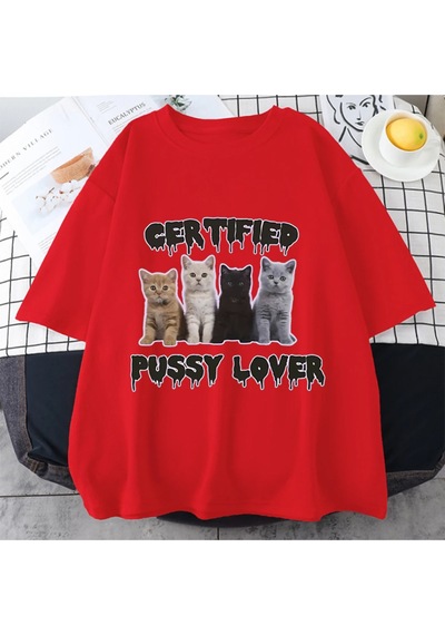 Flood Of Style Komik Sertifikalı Kedi Sevgilisi Meme Kedi Grafik T Shirt Unisex Moda Kawaii T-shirt Sokak Ra Kırmızı