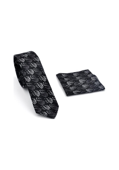 Gaffy Beyaz Ve Füme Şal Desenli Siyah Dokuma Kumaş Mendilli Slim Fit Kravat // Sdk-240806 Desenli