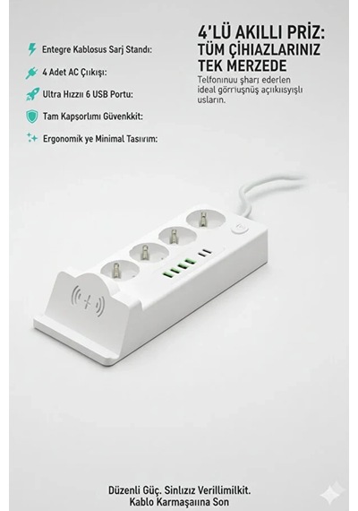 Akım Korumalı Priz Ve Masaüstü Şarj İstasyonu Kablosuz 4 Priz ,4 Usb, 2 Type-c Girişli 2 Metre 2 M