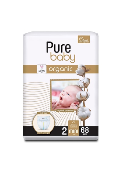 Pure Baby Organik Pamuklu Cırtlı Bez Tekli Paket 2 Numara Mini 68 Adet