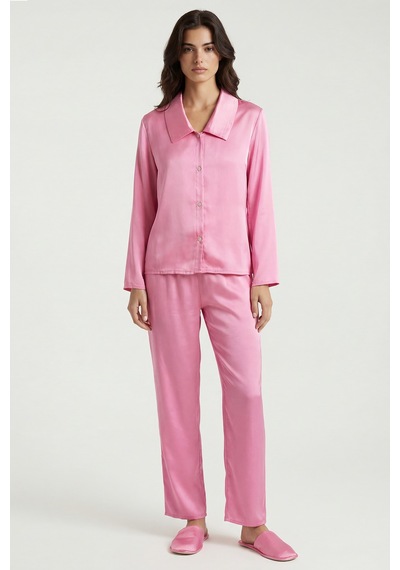 Amoris Şeker Pembesi Uzun Saten Pijama Takımı Pembe
