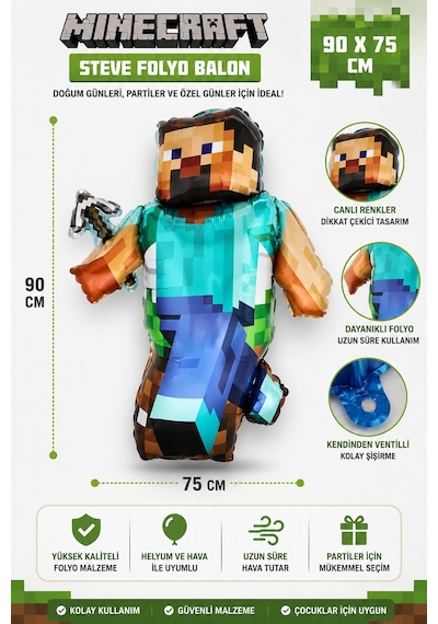 Minecraft Steve Folyo Balon 90x75 Cm Doğum Günü Parti Dekorasyon Balonu Çok Renkli
