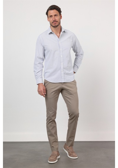 İmza Beyaz - Lacivert Sert Yaka Uzun Kol Cepsiz Slim Fit Pamuklu Gömlek 1004260214