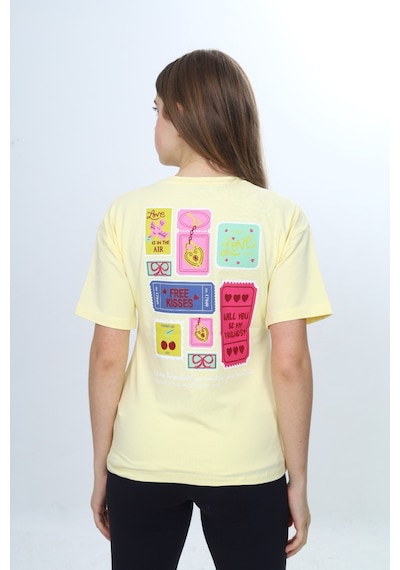 Toontoy Kids Toontoy Kız Çocuk Bisiklet Yaka Düşük Omuz Kısa Kollu Baskılı Tişört 24971 Açık Sarı