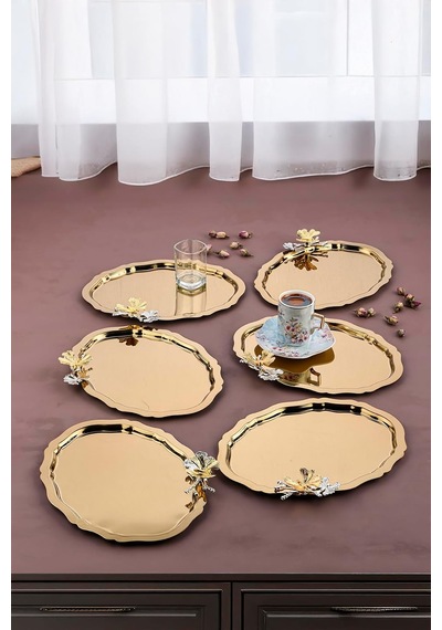 6 Adet Oval Kelebek Aksesuarlı Kahve-çay Servis Ve Sunum Tepsisi 25x20 Cm Gold Çok Renkli