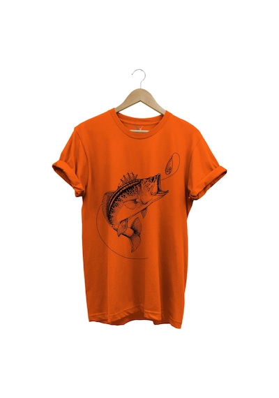 Fishing Balıkçılık Baskılı Yem Balıkçılığı Olta %100 Pamuk Bisiklet Yaka Turuncu T-shirt Turuncu