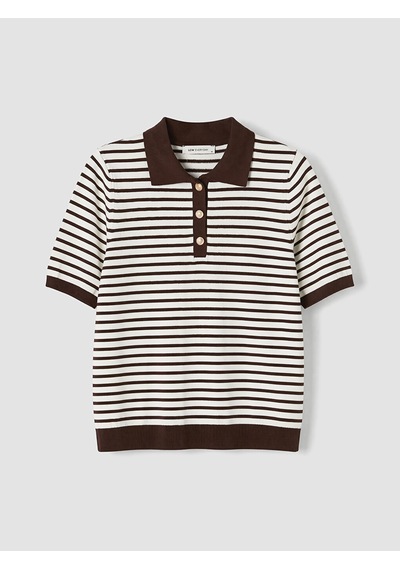 Lcwaıkıkı Classic Kahverengi Polo Yaka Çizgili Kadın Triko Kazak