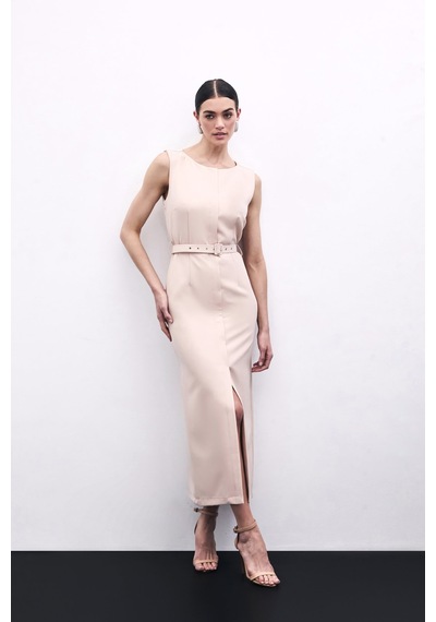 Sateen Kemerli Kalem Elbise - Bej-135812 Bej