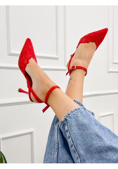 Ervanın Butiği Kırmızı Dantel Vusuel Nakışlı Arka Bant Detaylı Kadın Stiletto-6383