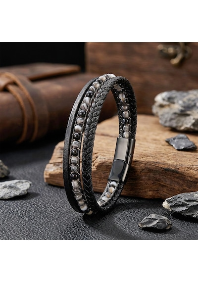 Moncuk Design Akik Doğaltaş Ve Deri Çoklu Bileklik 33512b9d25 Siyah