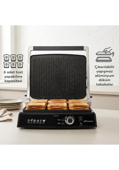 Cg-320 Bestost 2000w 6 Dilim Döküm Plakalı Tost Ve Izgara Makinesi Çıkarılabilir Plakalar 180 Açılabilir Ayarlanabilir Termostat Yağ Haznesi