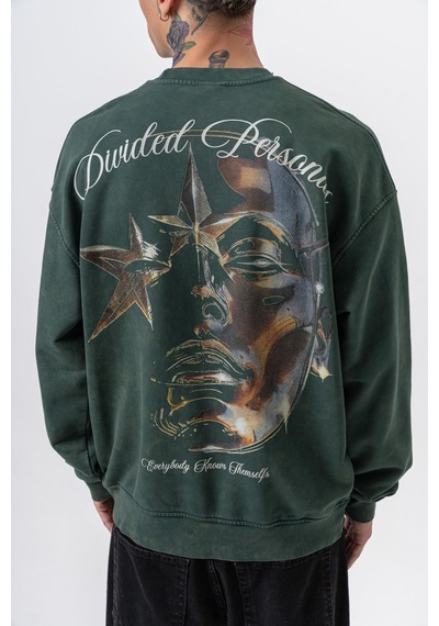 Respire Erkek Divided Baskılı Yıkamalı Bisiklet Yaka Oversize Sweatshirt Yeşil