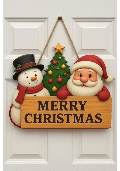 Yılbaşı Ahşap Kapı Süsü Noel Babalı Ahşap Kapı Yılbaşı Kapı Süsü Dış Mekan Süslemeleri Noel Çelengi 30-18 Cm