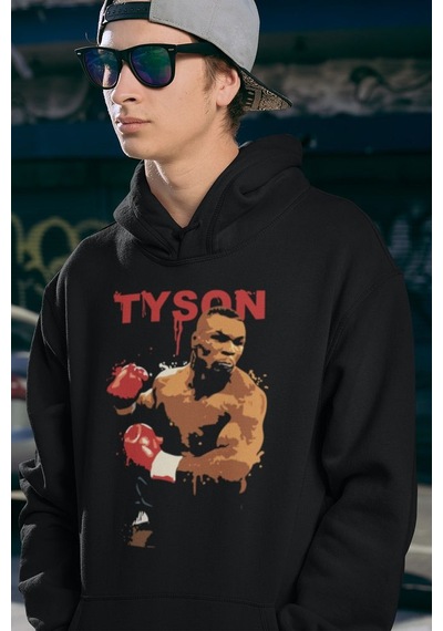 Sevbano Mike Tyson Baskılı Unisex Oversize Efsane Boksör Hoodie Siyah