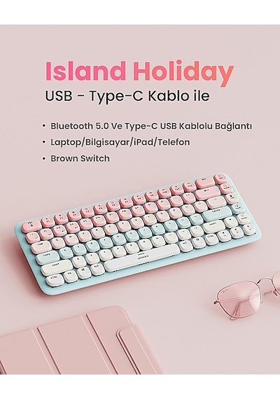 Ugreen Fun+ Renkli Tuşlu Aydınlatmalı Brown Switch Mekanik Bluetooth Kablosuz Türkçe Q Klavye