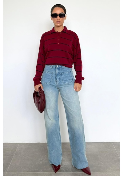 Madmext Bordo Çizgili Polo Yaka Kadın Triko Kazak Mg2470 Bordo