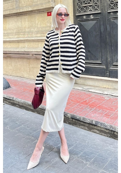Madmext Bej Çizgili Bisiklet Yaka Gold Düğme Detaylı Cotton Hırka Mg1605 Bej