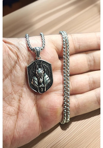 Gümüş Kaplama K-137 Paslanmaz Kromix Erkek Kolye Madalyon Mısır Mitolojik Tanrısı Anubis Beyaz
