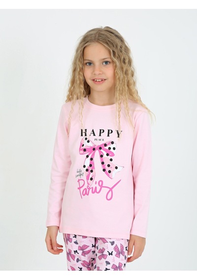 Kız Çocuk Uzun Kollu %100 Pamuklu Pijama Takımı Place Paris Pembe