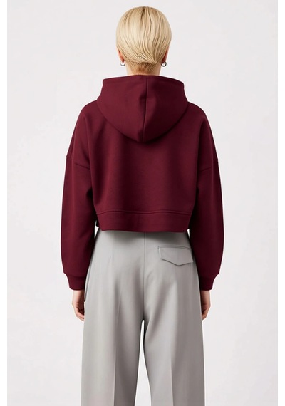 Benerly Kadın Kapüşonlu Fermuarlı Düşük Kol Örme Sweatshirt Fonksiyonel D Bordo