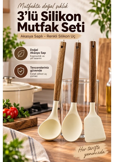 3 Lü Silikon Mutfak Seti - Ahşap Akasya Saplı - Renkli Silikon Uç Çok Renkli