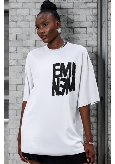 Eminem Recovery Rapper Şarkıcı Sırt Baskılı Unisex Oversize Tişör Beyaz