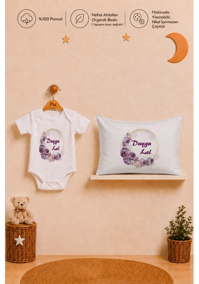 Pia Baby Kız Bebek İsme Özel Hediye Seti %100 Pamuk Body Yastık Kılıfı Ve Ham Bez Bebek Kıyafet Kesesi 2052bykyx Ekru