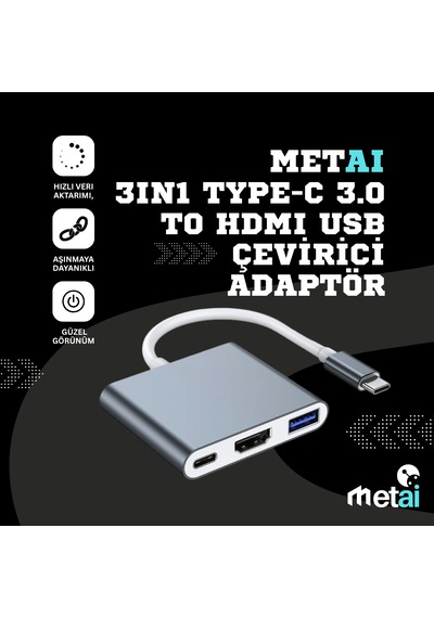 Type-c 3in1 Hdmı 4k Usb 3.0 Görüntü Veri Aktarımı Usb Adaptör Notebook Ve Apple Uyumlu MacBook İle