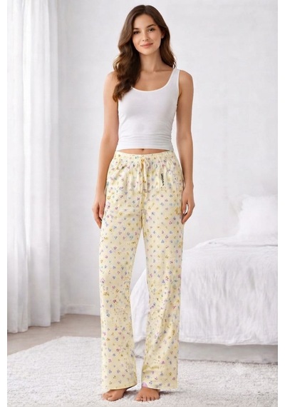 Viskon Pamuklu Kadın Açık Sarı Desenli Pijama Pantolon - Mg010 - Mudanis