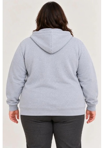 N11 Battal Büyük Beden Üç İplik İçi Şardonlu Kapüşonlu Tam Fermuarlı Kışlık Sweatshirt - Gri