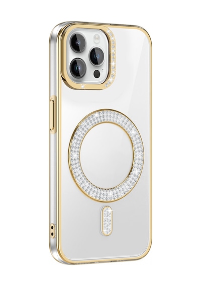 Apple Uyumlu iPhone 12 Pro Kılıf Pırlanta Taş Tasarımlı M-safe Şarj Özellikli Karetta Silikon Kapak Gold