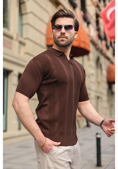 Madmext Kahverengi Polo Yaka Triko Erkek Tişört E7469 Kahverengi