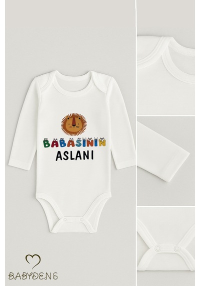 Babyden's Babasının Aslanı Yazılı Uzun Kollu Bebek Body %100 Pamuk Bebek Zıbın Aslan Figürlü Body Beyaz
