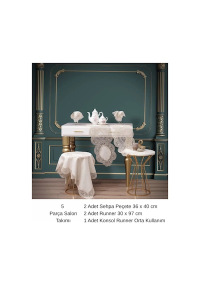 Salon Takımı 5 Parça Keten Dantelli Masa Örtüsü Runner Seti Bellisima Model No 800 -krem-kapiçino Çok Renkli