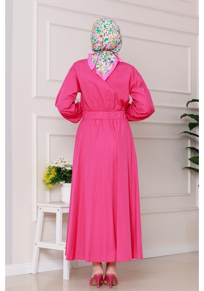 Sevitli Beli Lastik Detaylı Yasemin Elbise-pembe-4822 Pembe