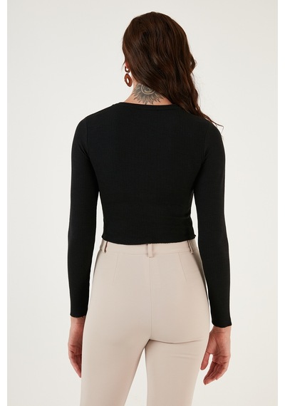 Lela Dar Kesim Bürümcük Kumaş Fitilli Crop Bayan Bluz 5865416 Siyah Lela Dar Kesim Bürümcük Kumaş Fitilli Crop Bayan Bluz 5865416 Siyah