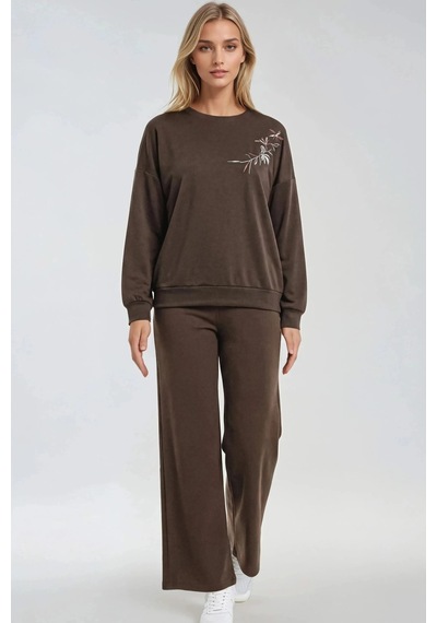 Fiolin Nakışlı Bisiklet Yaka Sweatshirt Ve Düz Paça Pantolon İkili Takım Kahve Rengi