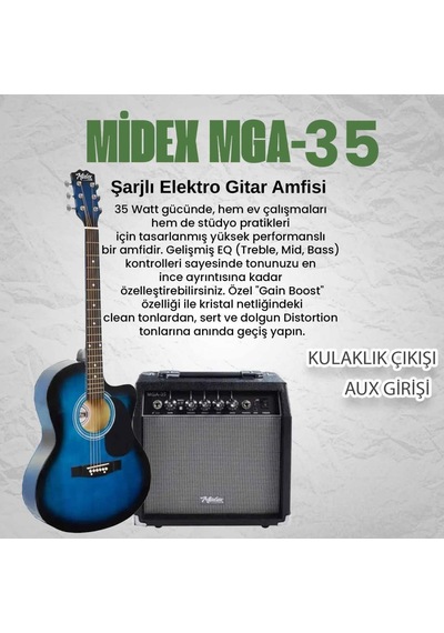 Midex Rg-560bl-amp Mavi Amfili Elektro Akustik Gitar Full Set