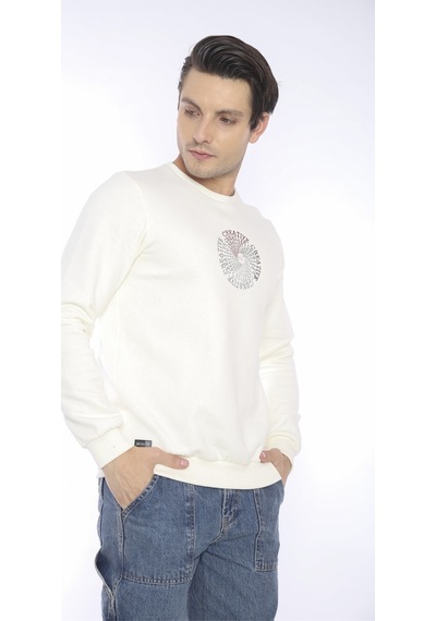 Escetic Erkek Spor Slimfit, Bisiklet Yaka Ekru Sweatshirt-4261 Ekru
