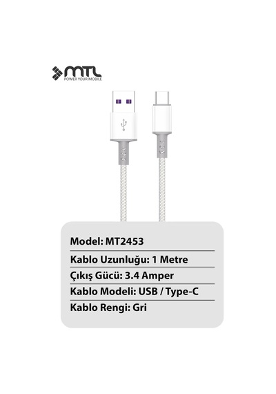3.4a Usb To Type-c Hasır Hızlı Şarj Ve Data Aktarım Kablosu 1 Metre Mt2453
