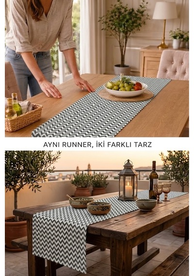 Füme Zigzag Desenli Dekoratif Runner - Kaliteli Kumaş Leke Tutmaz Şık Salon Yemek Masası Örtüsü Beyaz