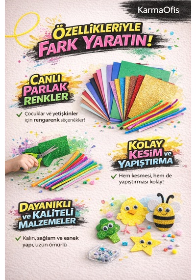 Yaratıcı Hobi Seti A4 Simli Eva, Eva, Keçe, Elişi Kağıdı, Şönil Okul & Etkinlik Seti
