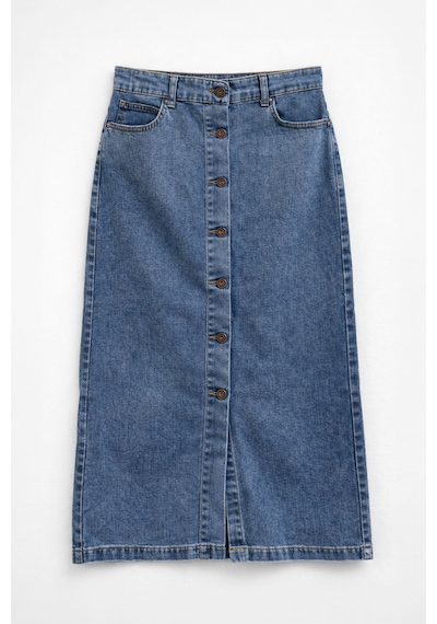 Blue White Önden Düğmeli Yüksek Bel Uzun Mavi Denim Etek